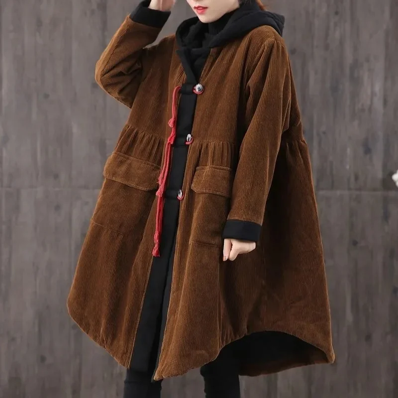 2024 Autumn and Winter New Art Retro Color Block Cotton Corduroy Coat Women\'s Loose Solid Casual Cotton Coat Trendy Solid Color