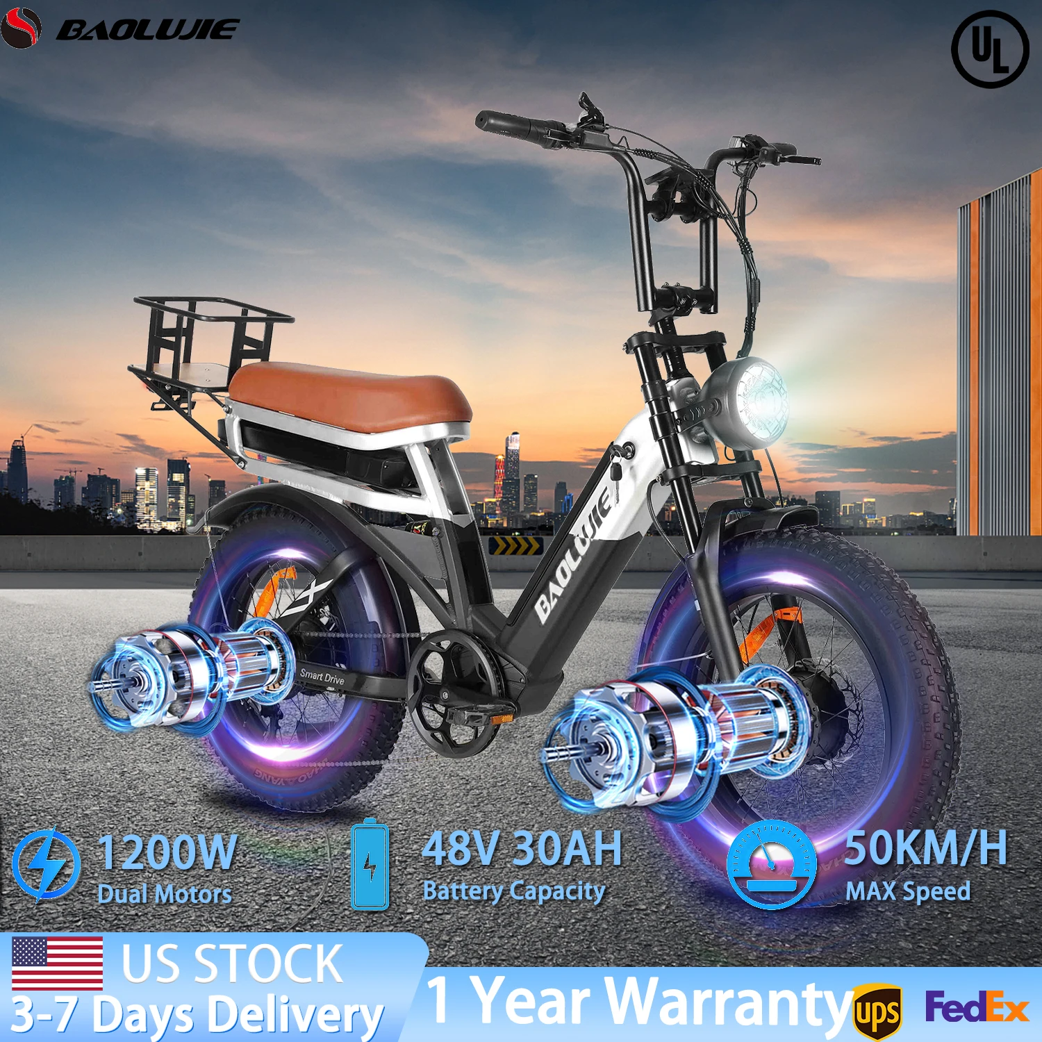 【ضمان لمدة سنة】دراجة كهربائية BAOLUJIE 2033 للبالغين، دراجة إلكترونية 2000 وات و1200 وات، إطار سميك 20 بوصة، دراجة كهربائية Battrey 48V30AH UL 2849