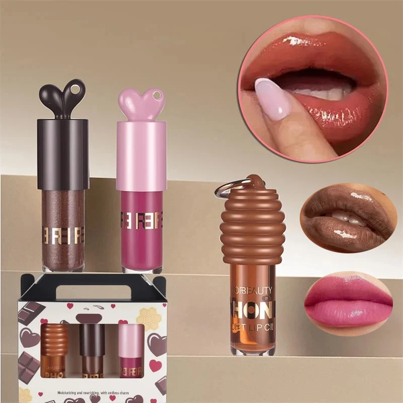 Set per la cura delle labbra al miele Specchio di marca Olio per labbra Idratante Nutrire le labbra Riduce le linee delle labbra Portachiavi portatile a lunga durata naturale Lucidalabbra