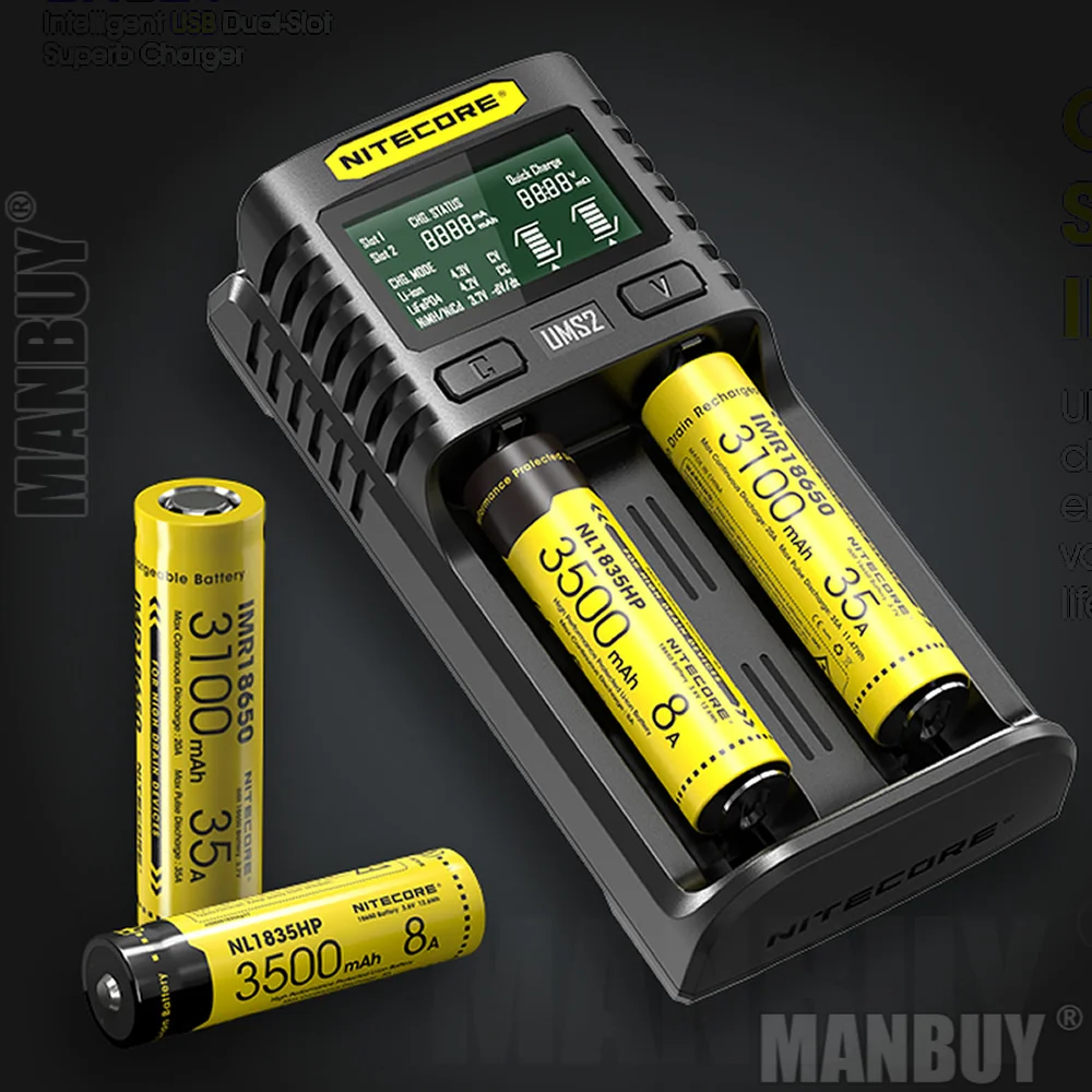 2026 NITECORE UMS2 Automatic Universal 3A Quick Charger Intelligent USB-C Dual-Slot Super  Liion Ni-Cd Ni-MH IMR Without Battery