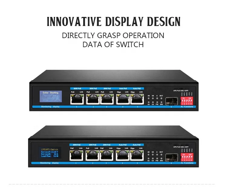 input 220V AC PoE Solar Charger Switch Clean Energy with 1 SFP Switch Single Port MAX 65W UPS LED Switch with 5port