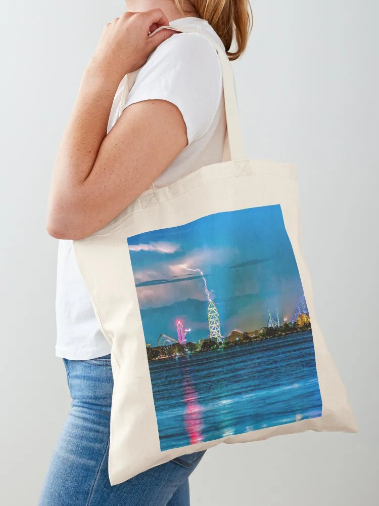 Lightning Storm Above Cedar Point Amusement Park Sandusky Ohio Tote Bag Reusable bags Shopper handbag Canvas Tote Bag