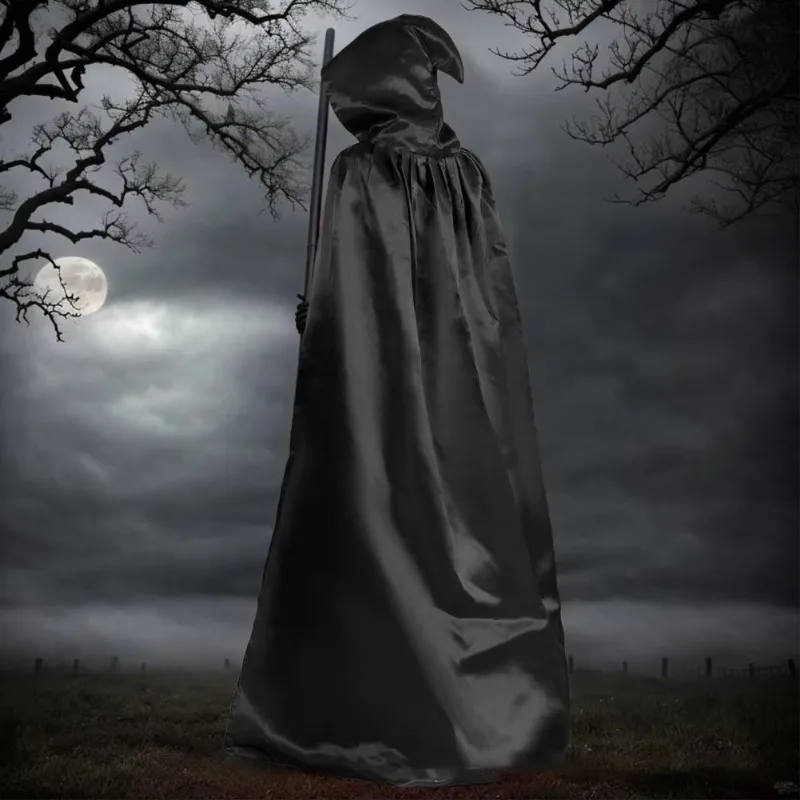 Halloween Cosplay Black Hooded Cape Robe Different Length Costume for Adults Kids Stage Performance Party Attire