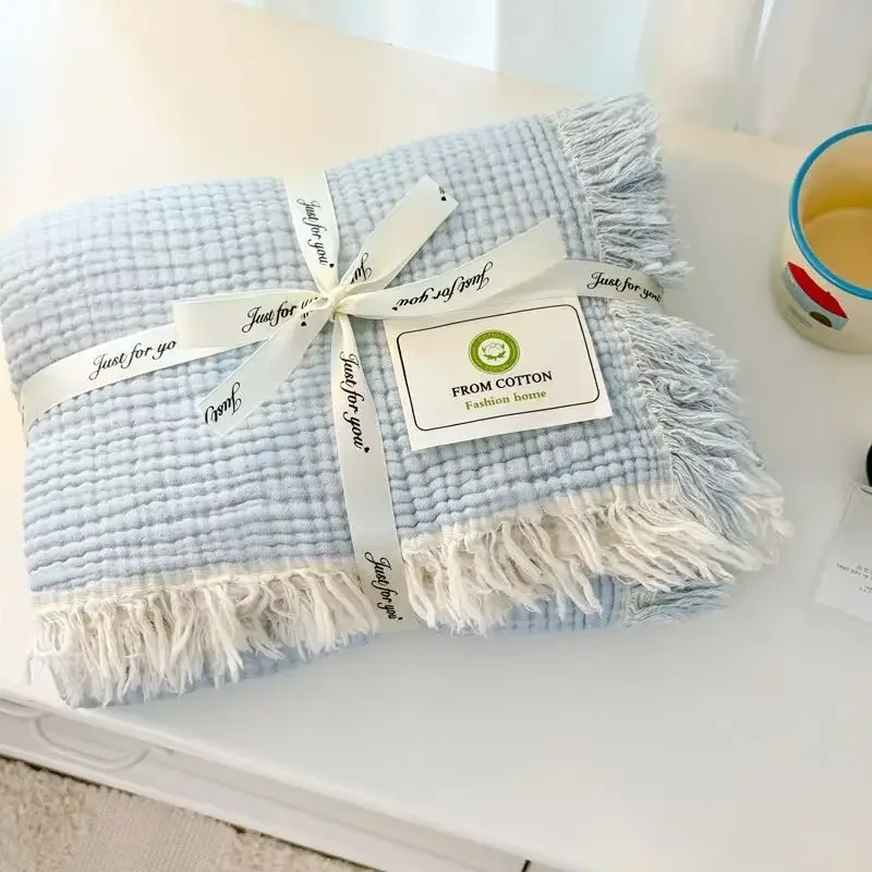 4-layer Pure Cotton Gauze Blanket With Tassels Sofa Throw Solid Color Bedding Class A Towel Quilt Home Office Knee Blankets