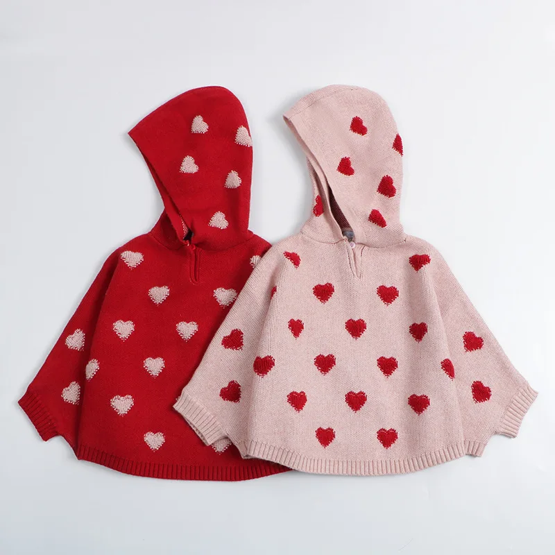 1-6T Heart Print Baby Girl Sweater Cloak Toddler Kid Winter Clothes Hooded Knit Warm Cape Knit Pullover Top Knitwear Coat Outfit