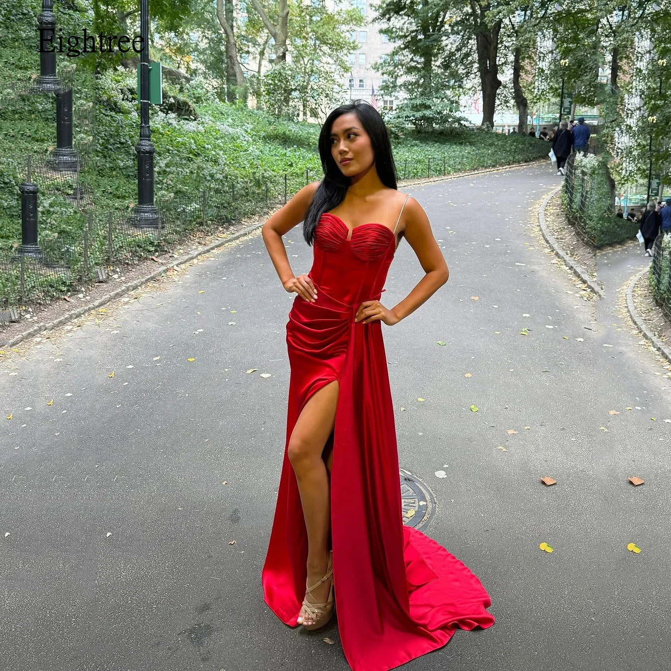 

Eightree Spaghetti Strap Red A-line Formal Prom Gowns Sweetheart Neck Evening Dress Sexy Side Slit Party Dresses Customized