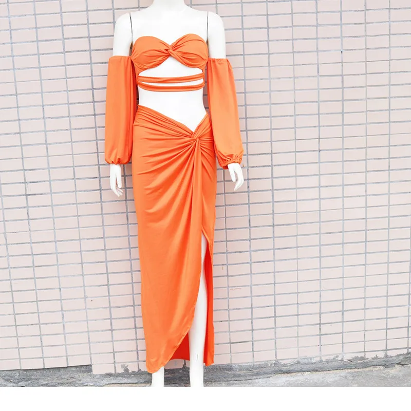 Women's Suit Autumn and Winter New Nightclub Sweet Holiday Hot Sexy Chest Spread Two-piece Sleeve Sexy Hollow Irregular Skirt