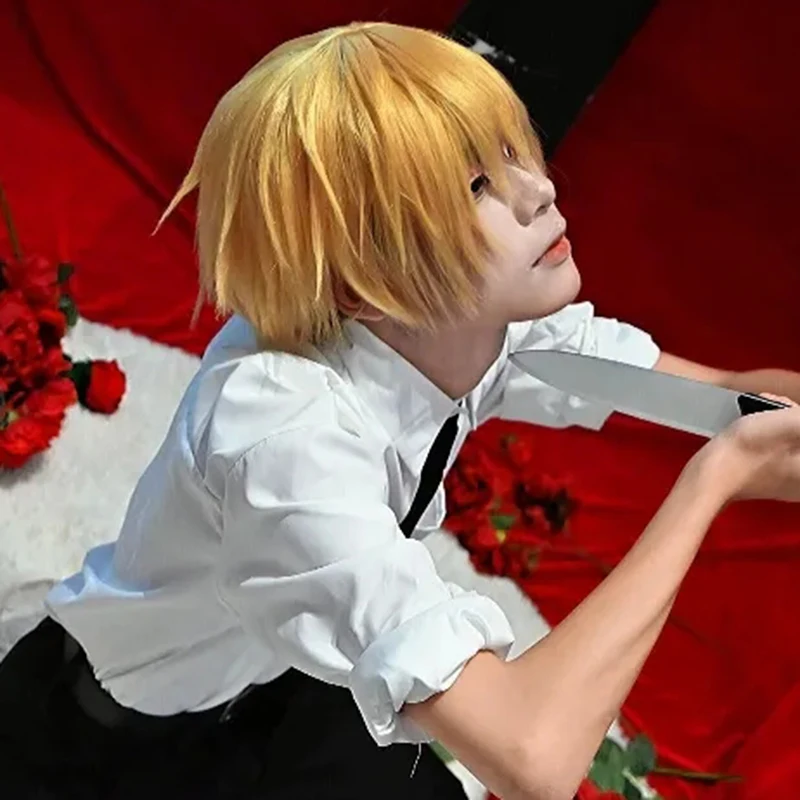 أنيمي بالمنشار دينجي شعر مستعار تأثيري الرجال النساء الذهبي الشعر القصير مقاومة للحرارة شعر مستعار اصطناعي هالوين الدعامة الطرف