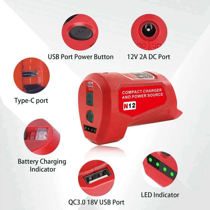 N12 Battery Power Source Adapter For Milwaukee 12V M12 Battery Power Wheel Charger Adapter With 12V DC Port USB2.0 Port