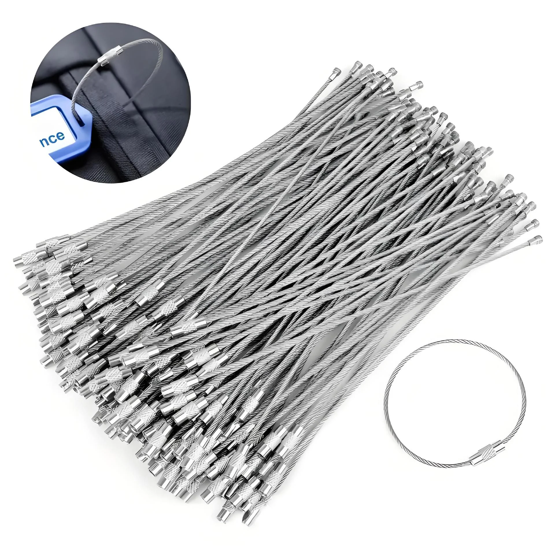 10PCS Stainless Steel Wire Rope Keychain Set with Carabiner LED Flashlight Cable Key Ring and Screw Lock for Luggage Bag Gadget
