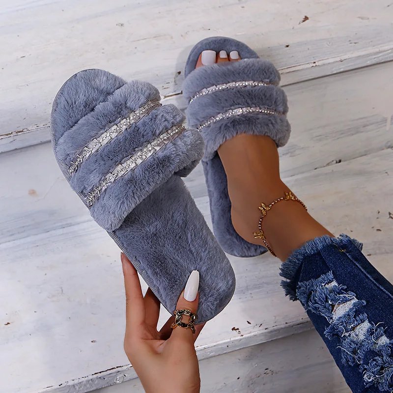 

Large-sized Water Diamond Candy-colored Thick-soled Furry Slippers for Women,2025Autumn/winter New Style Slippers,Korean Version