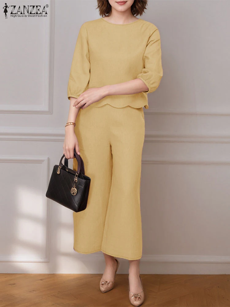 

2025 ZANZEA Летние комплекты брюк Женские модные одинаковые комплекты Повседневная блузка с круглым вырезом и рукавами 3/4 Брючный костюм 2 шт. Однотонная рабочая одежда OL