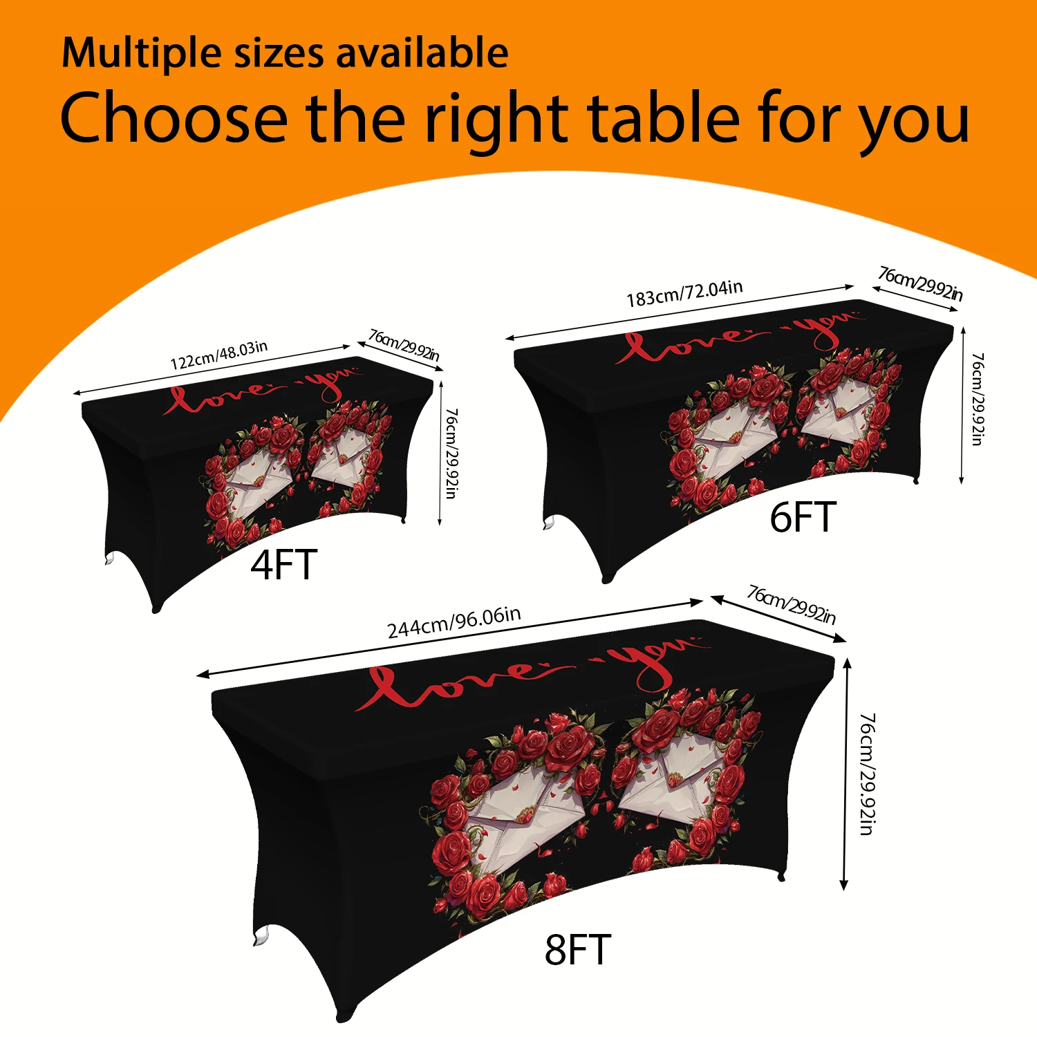 1PC Summer Outdoor Elastic Tablecloth, Romantic Love Letter & Red Rose Printed, 4/6/8FT Rectangular Stretch