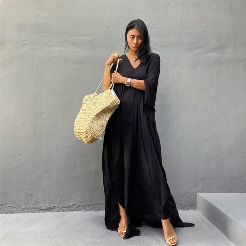 Loose Solid Drawstring waist Bikini Cover-ups Tunic Sexy V-neck Butterfly Sleeve Summer Beach Wear Maxi Dress Swimsuit Cover Up