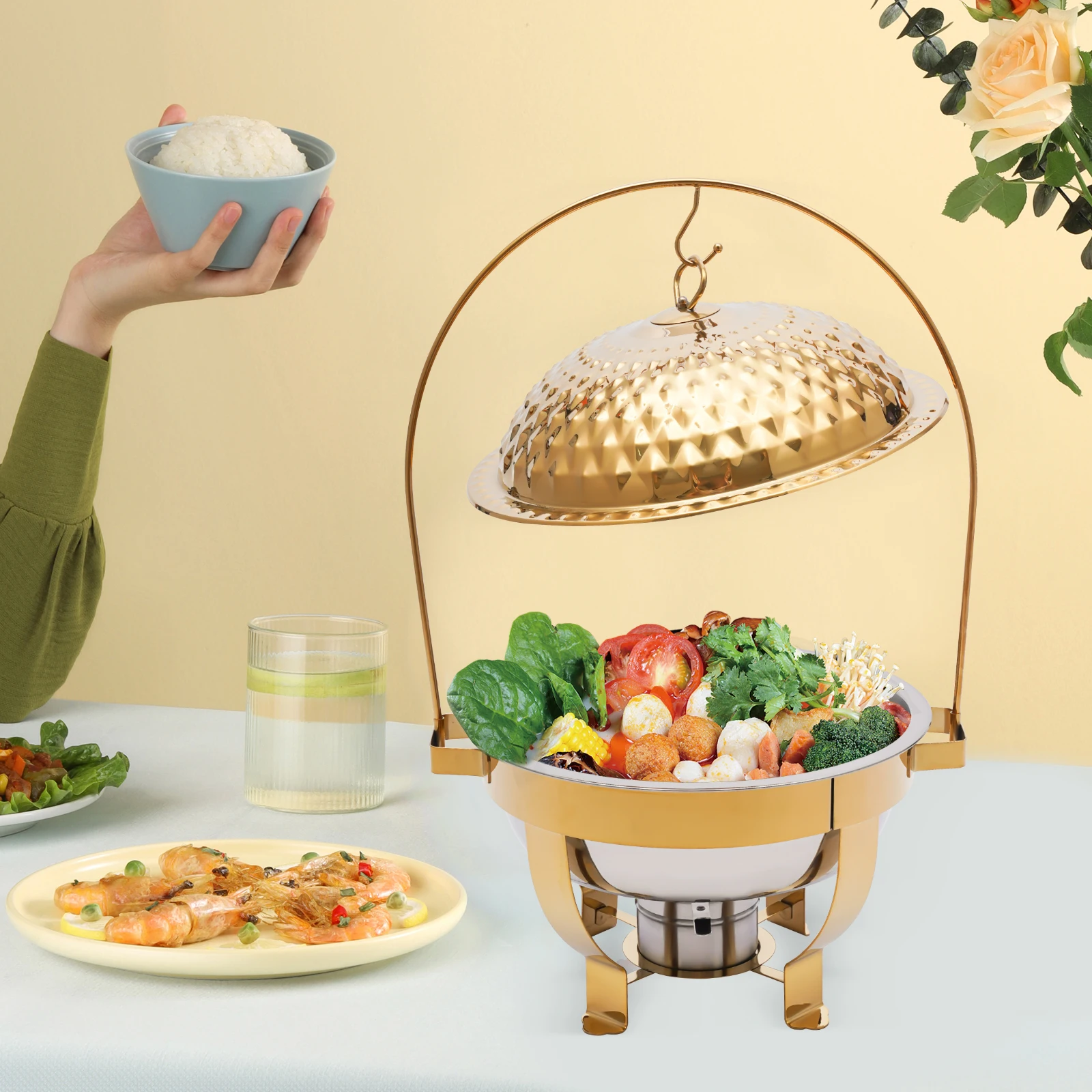 

4.5L Golden Round Stainless Steel Chafer, Buffet Servers and Warmers Set Warming Tray for Weddings, Parties, Banquets, Events