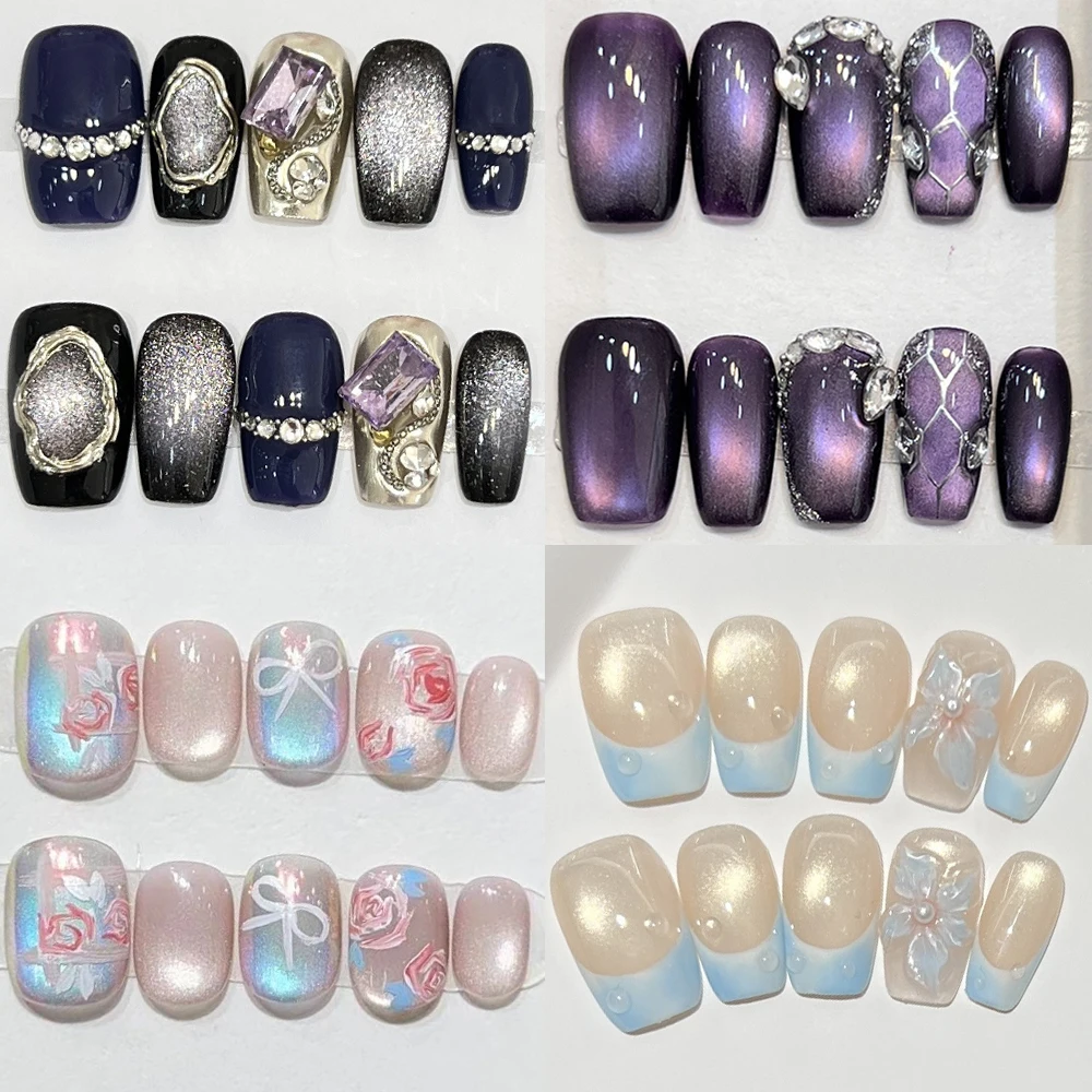 

10Pcs Cute Short Square Round Handmade Wearable Press On False Nails Cat Eyes Diamond Bowknot Pearl Full Cover Nail Girl Gift