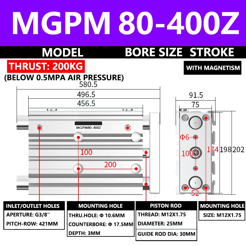 ABILKEEN MGPM Series Pneumatic Compact Guide Cylinder MGPM80-400Z 80MM Bore X 400MM Stroke Three Axis Three Rod Air Cylinder