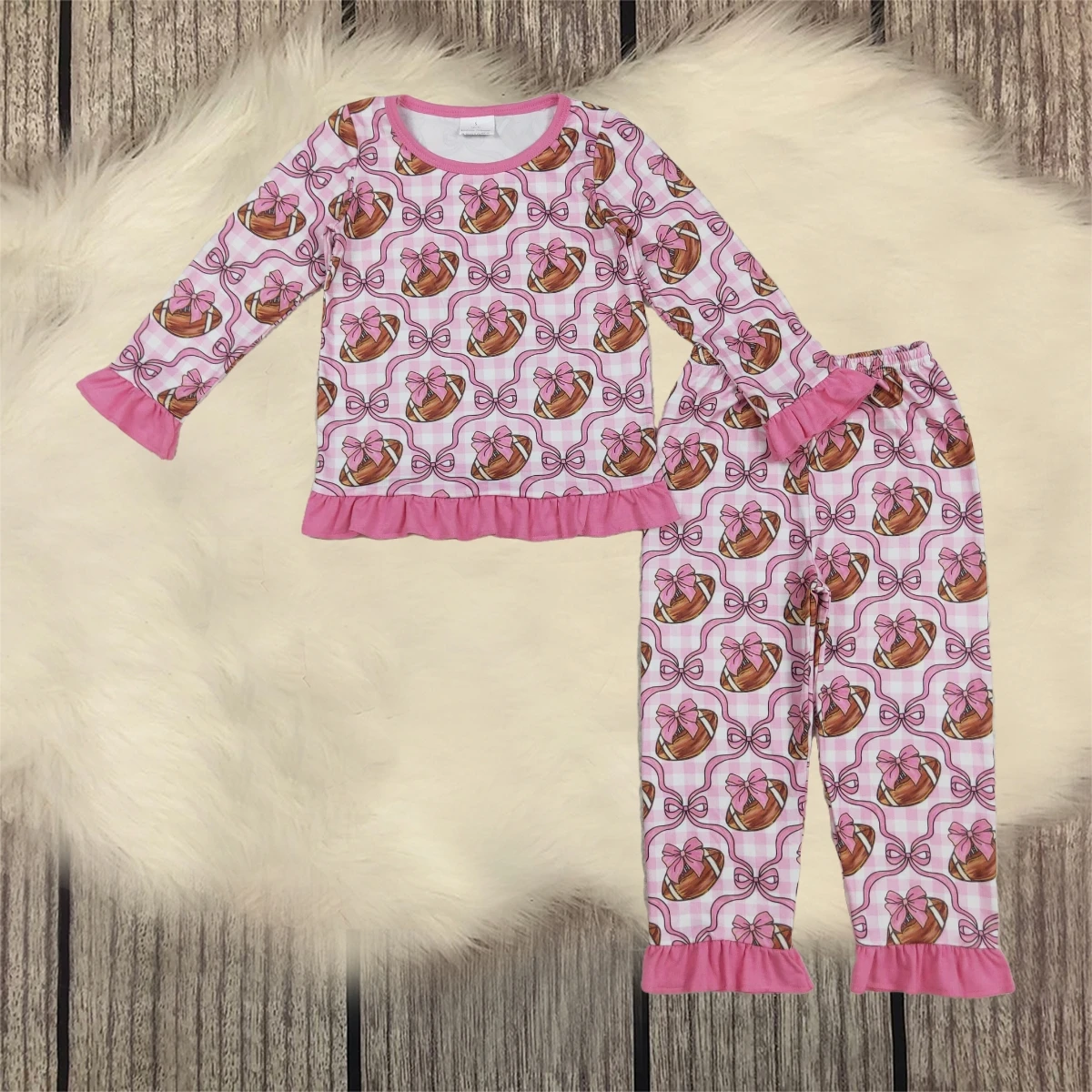 

Infant Children Long Sleeves Pink Bows Footballs Sleepwear Baby Girl Pants Fall Pajamas Set Kids Toddler Ruffle Outfit Wholesale