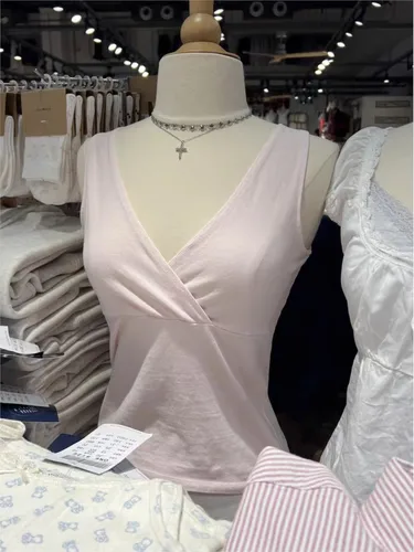 Imagen 2 del producto Camiseta sin mangas con cuello en V para mujer, camisola sencilla de algodón sin mangas, estilo pijo informal, chalecos cortos básicos Y2k, color rosa dulce