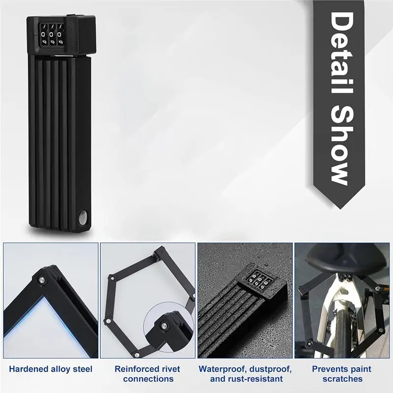 A89E-Anti-Theft Folding Bike Lock, 3-Digit Combination Code, Anti-Saw Protection, Protective Shell, Compact Design Mount