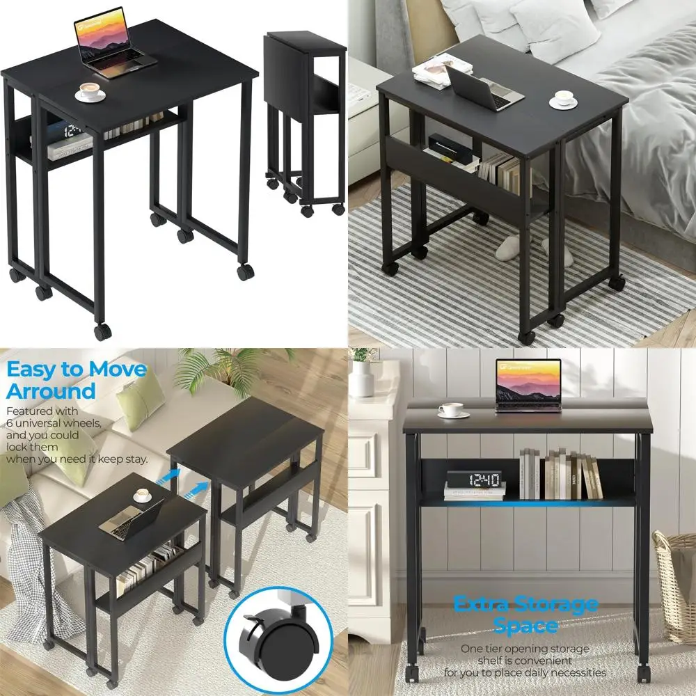 Compact Rolling Desk with Storage Shelf, 31.5 Inch Foldable Computer Desk for Small Spaces, Easy Assembly and Mobility