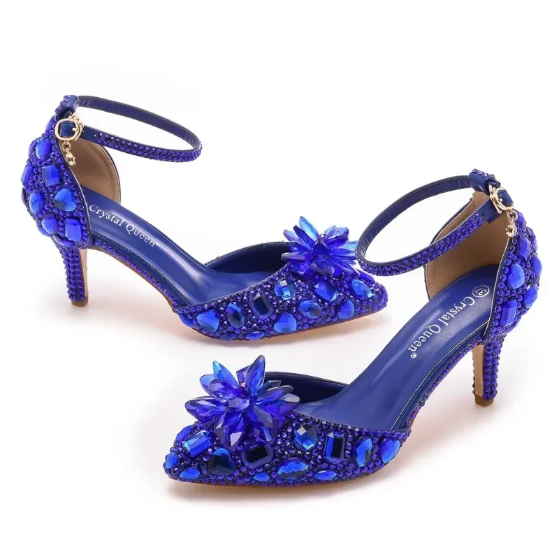 Women Pumps Wedding Prom Sandals Buckle Strap 7CM Thin Heels Sharp Pointed Crystal Glass Floral Penang Gold Banquet Women Shoes