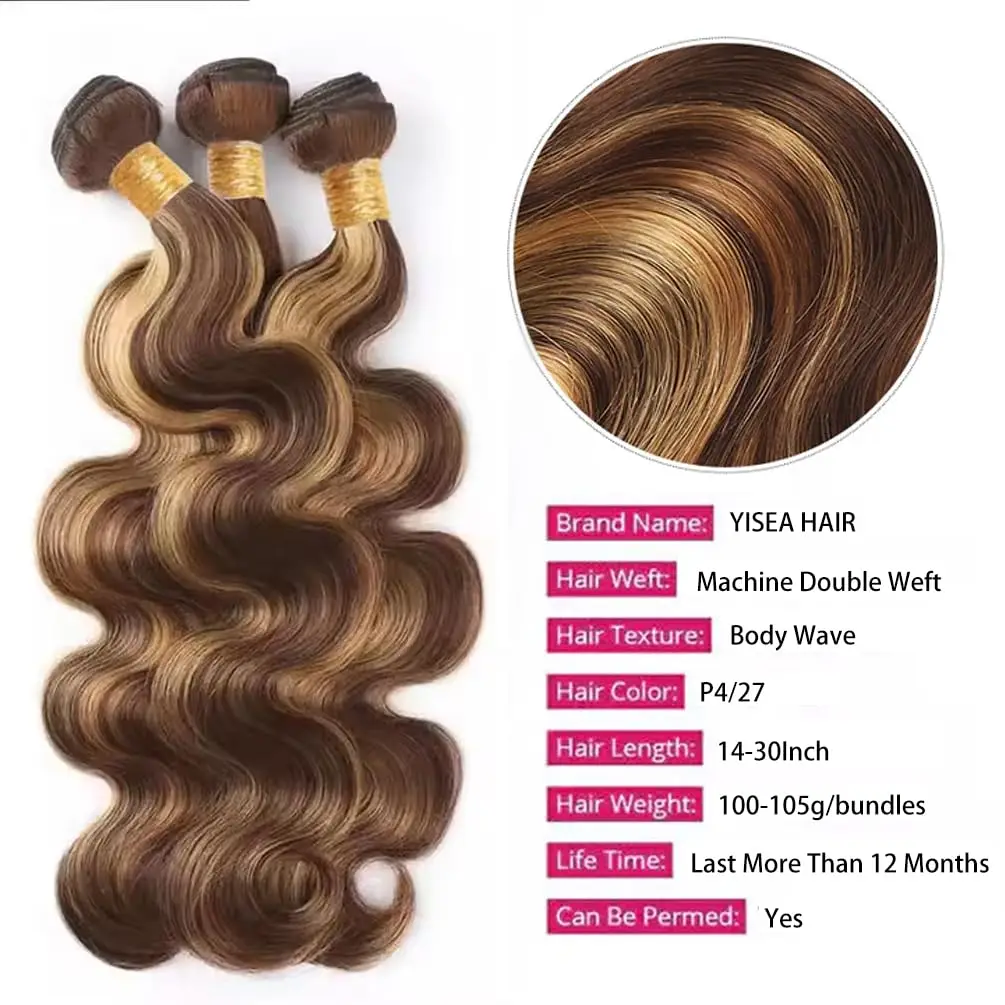 30인치 16A 하이라이트 4/27 바디 웨이브 번들 인모 100% 미가공 염색 모발 4/5개 묶음 여성용 더블 웨프트 연장