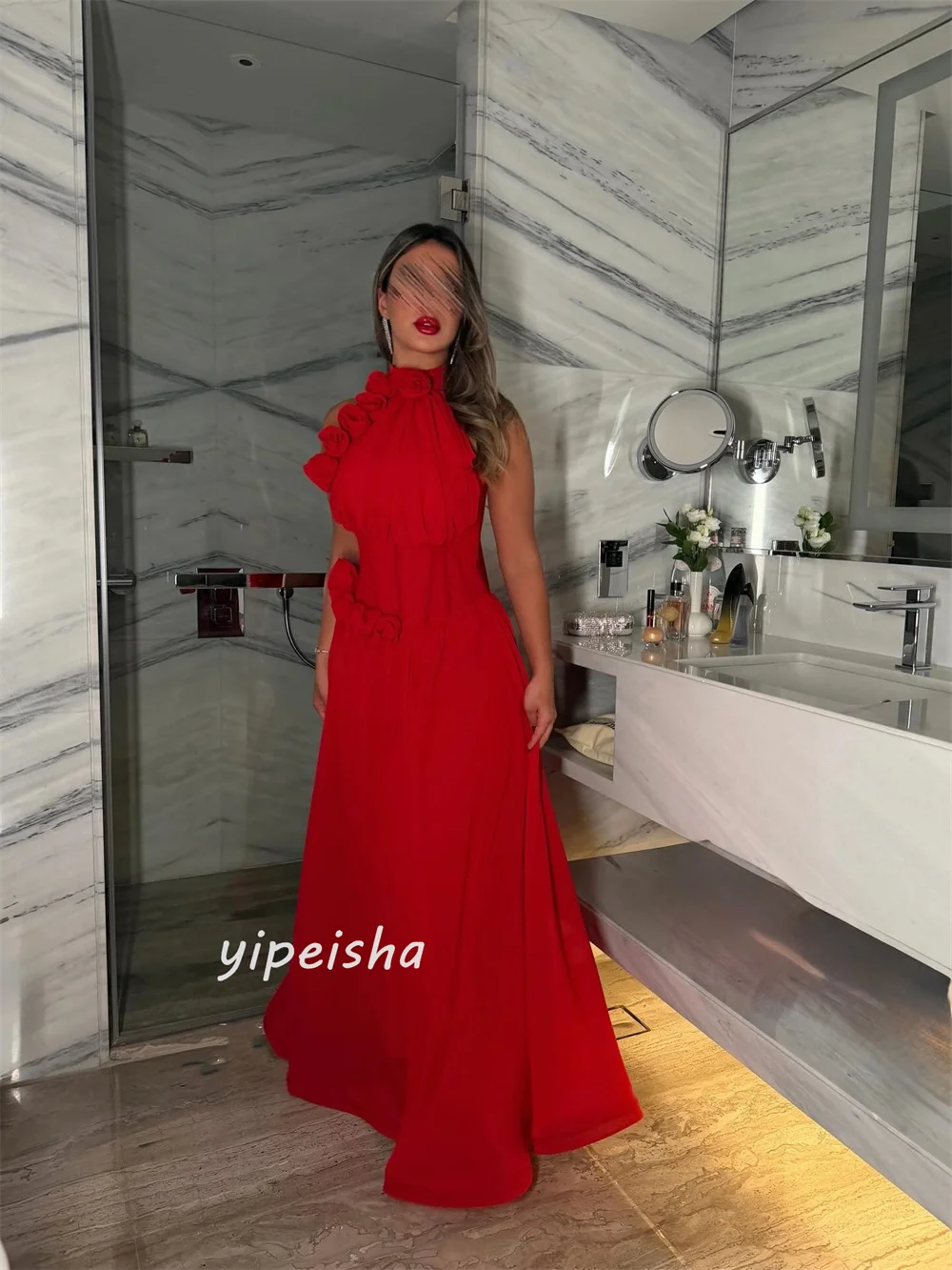 맞춤형 고품질 패션 수제 꽃 장식 A라인 하이 칼라 롱 드레스 맞춤형 행사 드레스 다양한 사이즈 가능