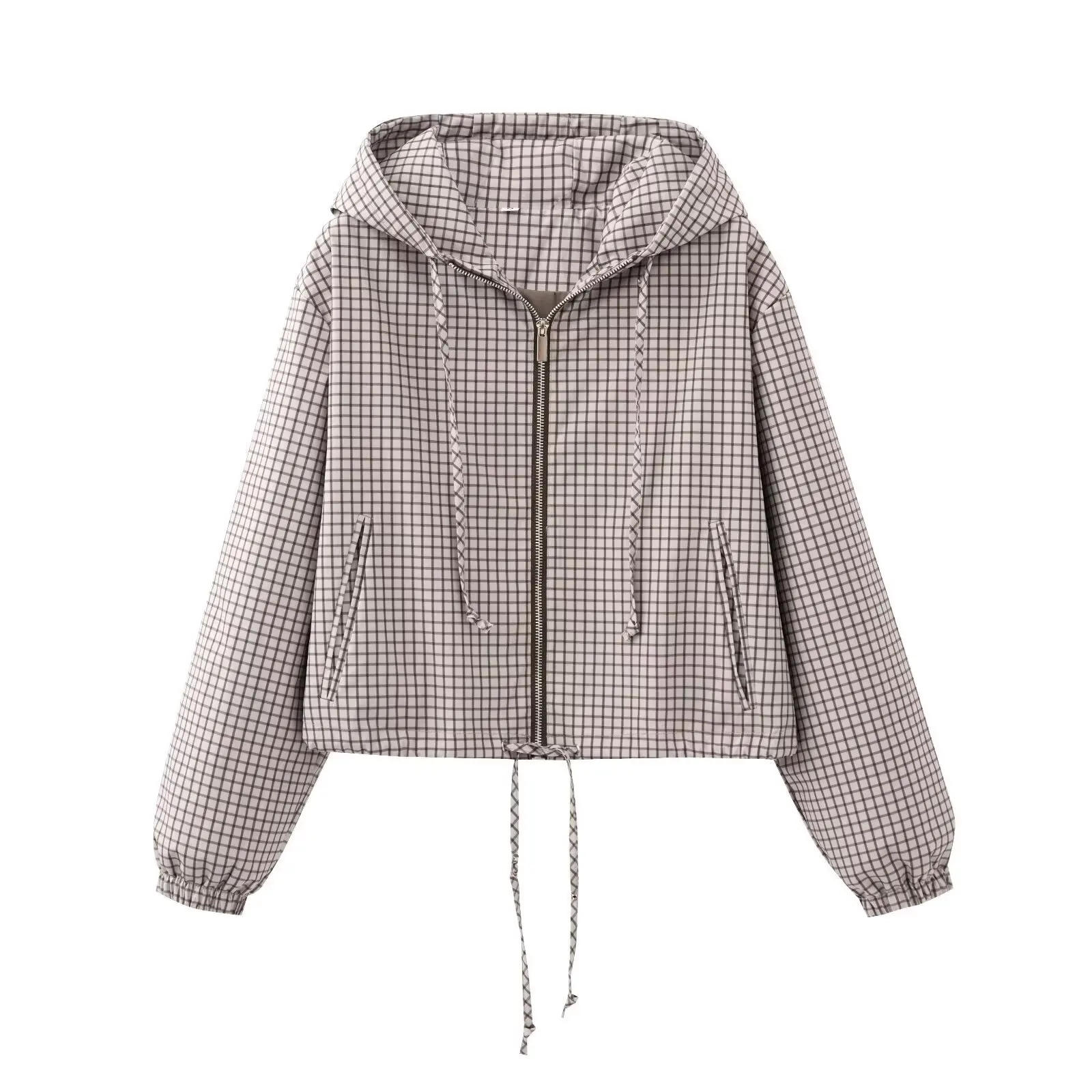 Women Plaid Hooded Jackets Spring Autumn Female Long Sleeve Zip Loose Drawstring Outerwear Lady Casual Chic Street Short Coats