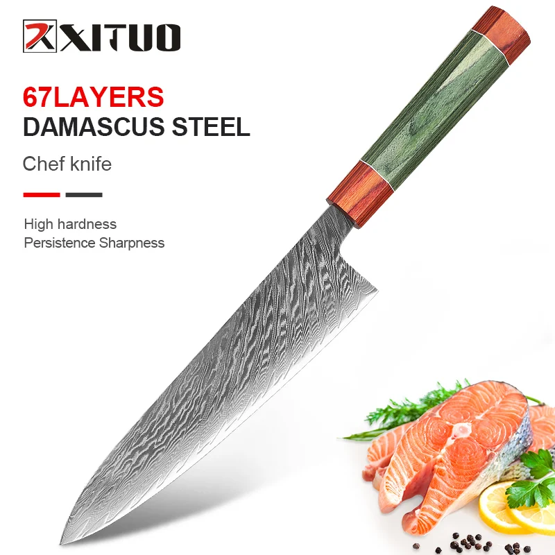 

XITUO Chef Knife 8 Inch Damascus Japan VG-10 Stainless Steel Super Sharp Kitchen Cooking Knife Ergonomic Color Wooden Handle