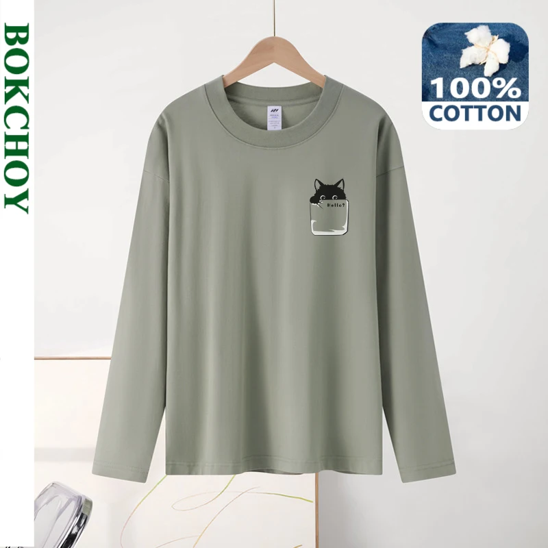 2024 Autumn New Simple Cat Printed 100% Cotton Men T-shirts Long Sleeve Casual Round Neck Soft Men Tops BOK1111