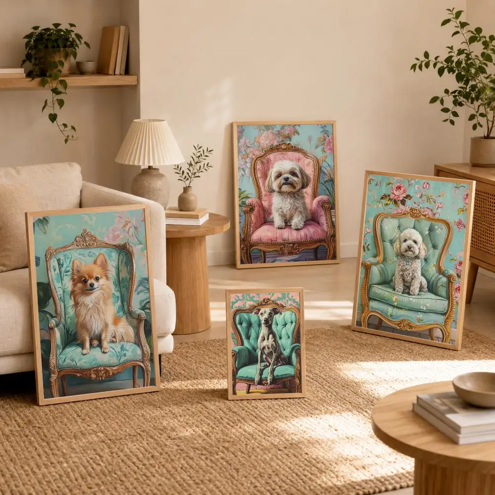 Dog on Stool Bichon Frise Greyhound Poster Stickers Mural Painting Self-Adhesive Wall Art Decals for Bedroom Room Home Decor