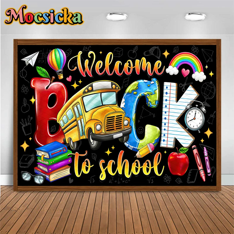 

Mocsicka Welcome Back To School Backdrop Chalkboard Bus Photography Background First Day Of School Classroom Decorations Banner