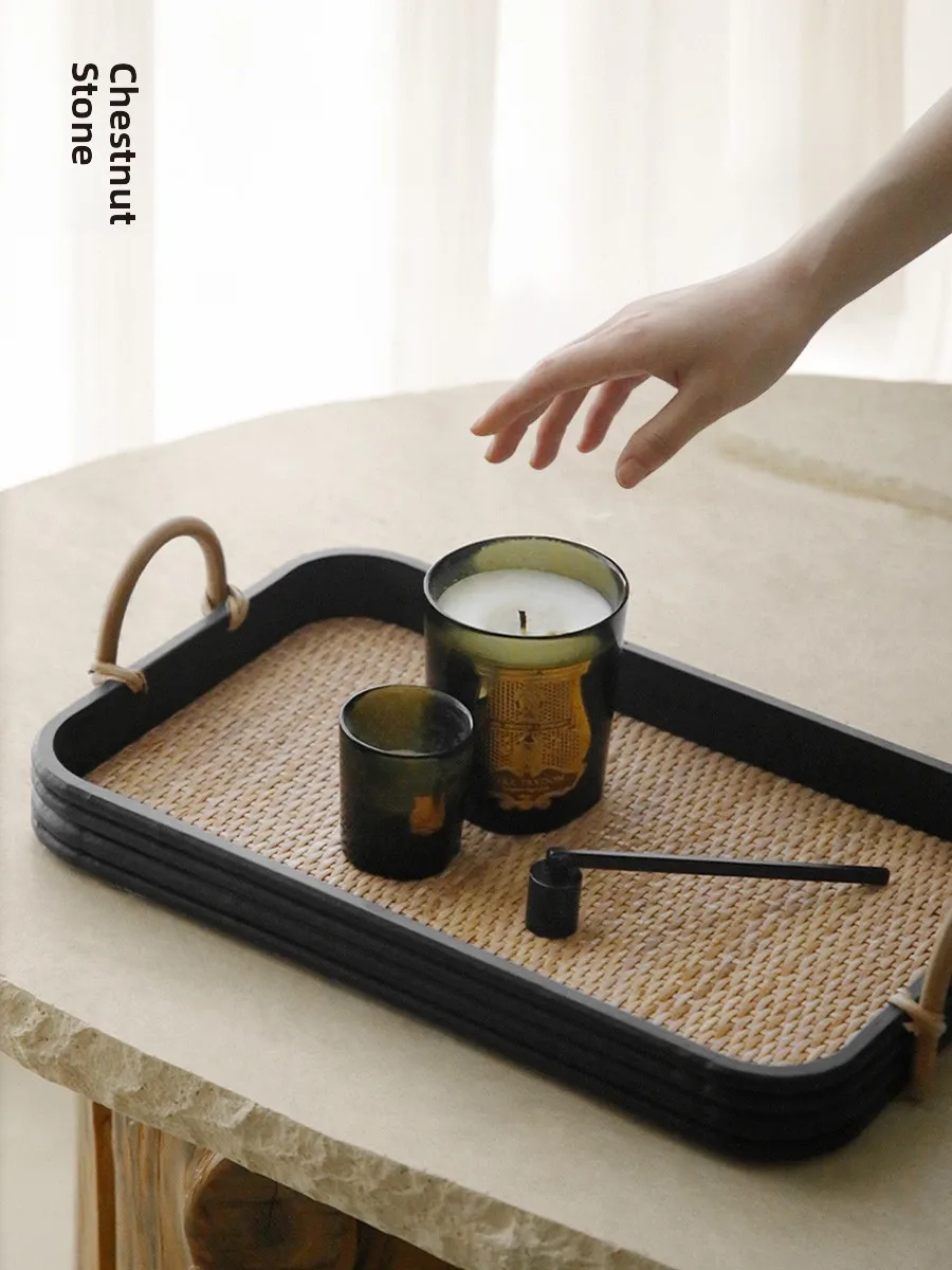 Retro Chinese Style Wooden Wicker Rectangular Tea Tray Dining Plate B&B Tea Room Long Rectangle Tea Board Decorative Ornaments