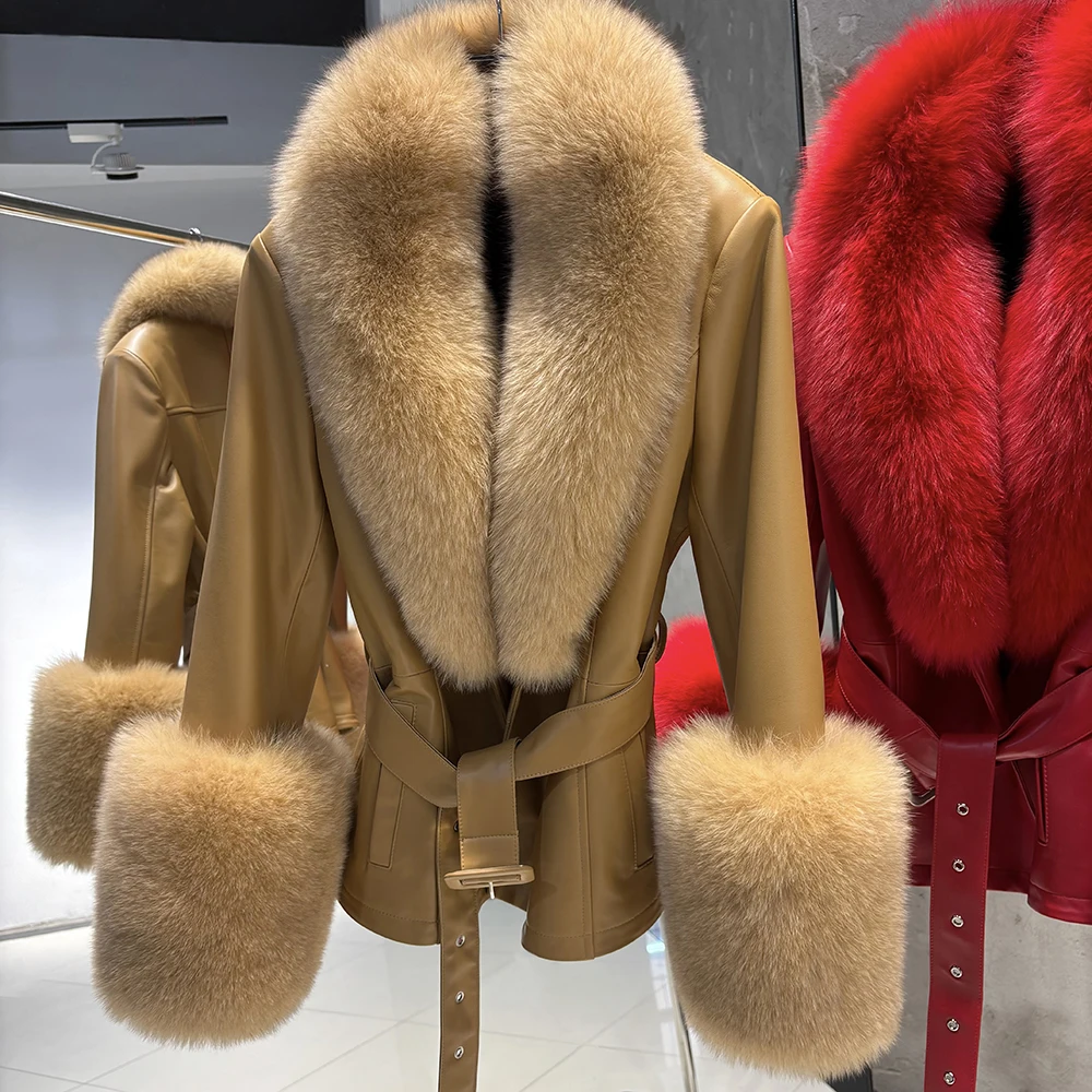 YOLOAgain Real Fox Fur Collar Real Leather Jacket Women 2025