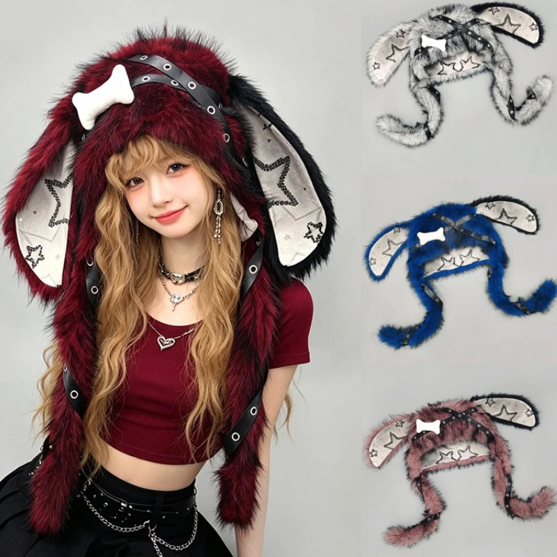 Gothic Y2K Fluffy Long Bunny Ear Hat with Skull Cross and Star Patterns Punk Winter Cap Kawaii Anime Streetwear Cosplay Hat