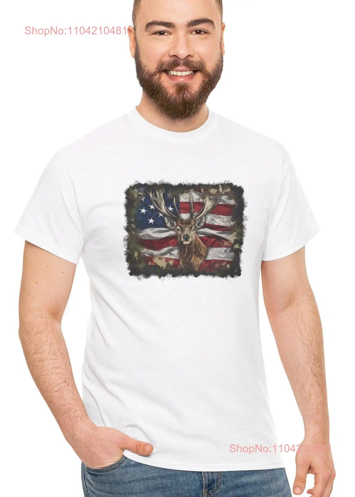 Whitetail Buck T Shirt USA Flag Trophy Antlers Wildlife Deer July 4th Day  long or short sleeves