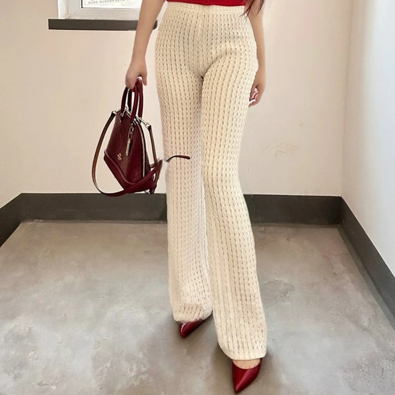 Hollow Out Sexy Open Crotch Woman's Knitting Leggings Fashion See Through Pleated Beige Trousers Crotchless Wide Leg Clubwear