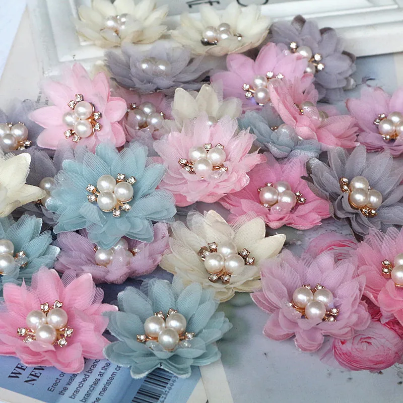 10PCS/Lot 5CM Pearl Center Chiffon Flowers Hair Accessories DIY Flower Wedding Girls Dress Clothing Decorations