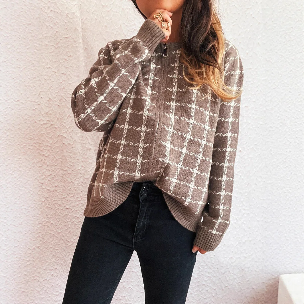 

Винтажный клетчатый вязаный свитер, пальто, женское повседневное пальто с длинным рукавом и круглым вырезом на молнии, трикотаж, кардиган, пальто, одежда для поездок на работу, женская новинка