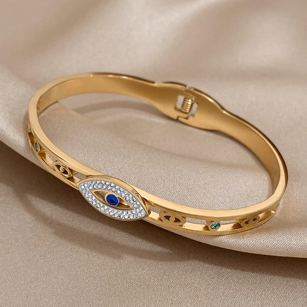 Stal bransoletki ze stali ze stali nierdzewnej z luksusowymi kryształkami dla kobiet 18K pozłacane Evil Eye bransoletka wodoodporna biżuteria prezenty — zdjęcie 6
