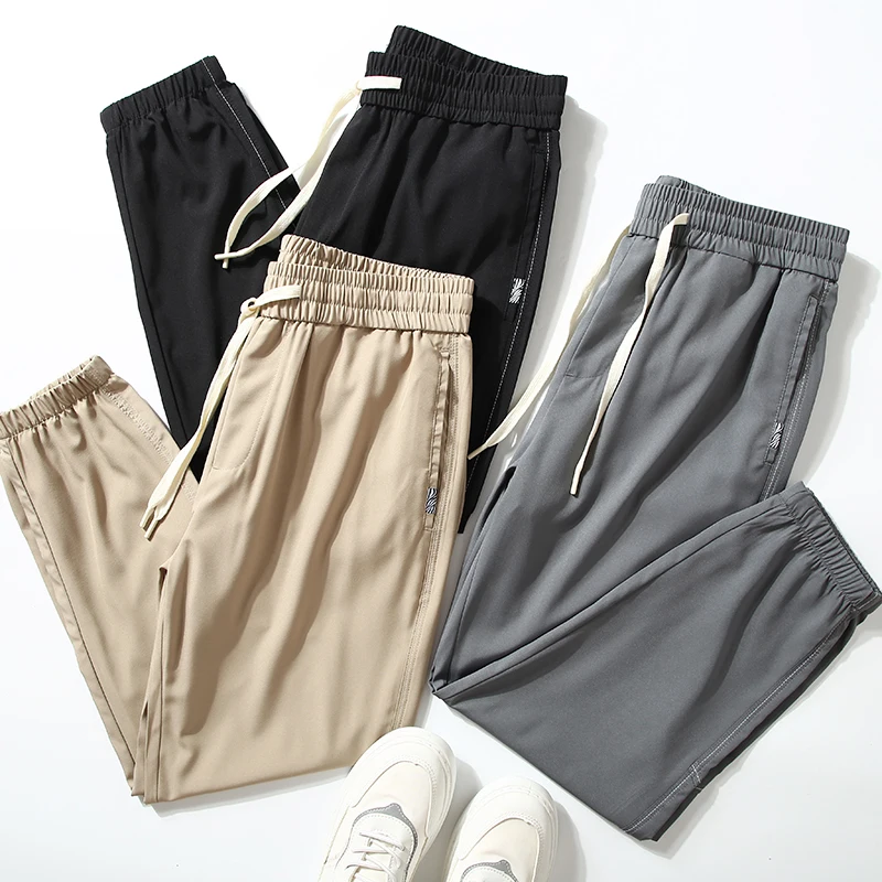 

Men's Spring Summer Cool Feeling Quick Dry Casual Pants Elastic Waist Cuffed Fashionable Straight Leg Urban Style Daily Wear