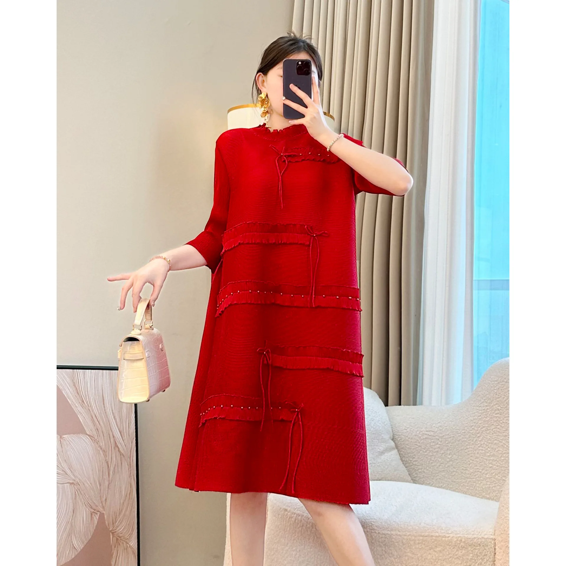 2025 spring summer new Miyake pleated dress fashionable splicing loose medium and long dresses women clothing AliExpress