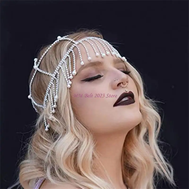 49ME Perla cristallo per catene per testa Copricapo Festival Costume Holloween Accessori per capelli con nappe da sposa e