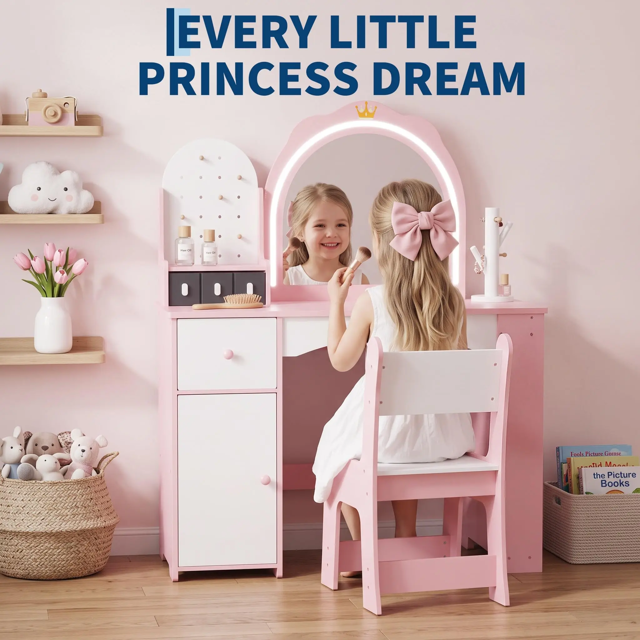 4-in-1 Kids Vanity Desk With Mirror & Lights, Girls Makeup Table & Chair Set, Storage Cabinet, Bookshelf & Movable Jewelry Rack