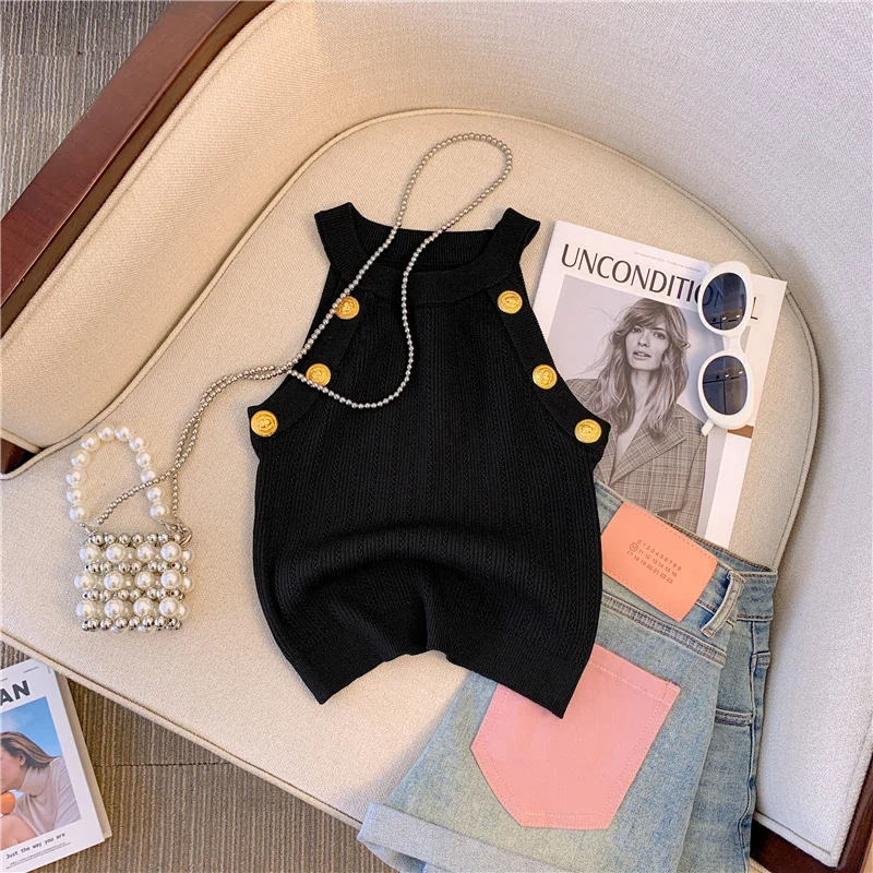 Summer Sexy Halter Slim Knit Vests Women Gold Buttons Crop Tops Sleeveless Streetwear Fashion Stylish Chic Ladies Knitwear Vest