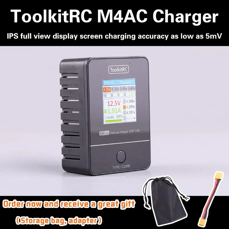 ToolkitRC M4AC 30W LiPO LiFE LiHV Compact AC Charger 1-4S XT30/ XT60 Interface for RC Model FPV Racing Freestyle Drone Batteries