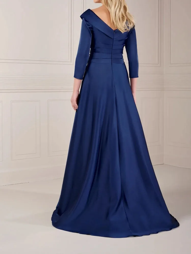 Navy Blue Mother of the Bride Dresses Side Pockets Elegant Satin Long Evening Party Dresses 3/4 Long Sleeves