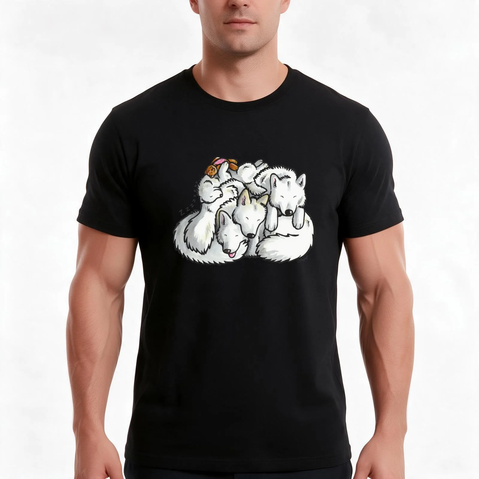 Samoyed - sleeping pile cartoon T-Shirt, Summer Casual Cotton Tee, Oversized Streetwear Tops, Vintage Graphic Print, 100% Cotton