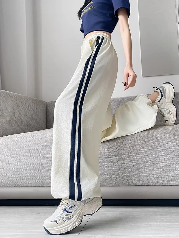 Pantaloni sportivi Qui Dry in seta di ghiaccio taglie forti Pantaloni estivi da donna sottili larghi casual a gamba larga Cintura elastica a vita alta